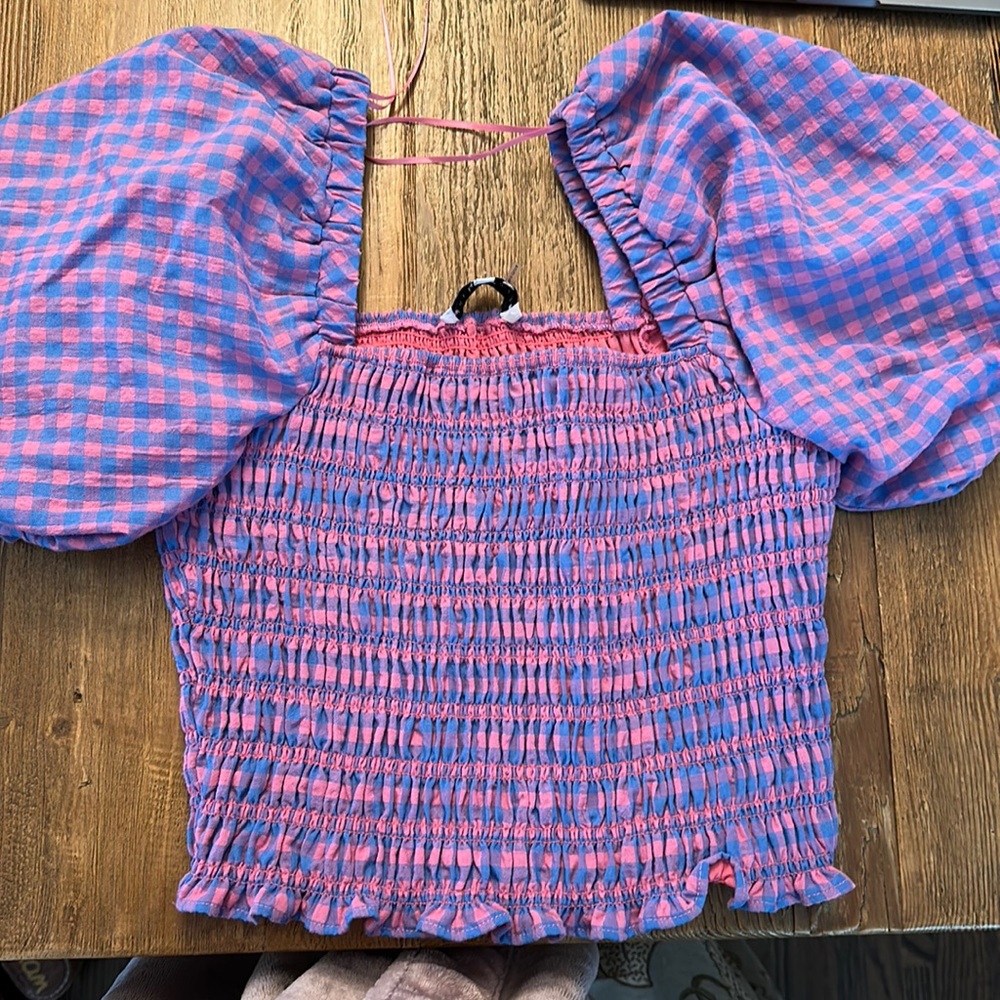 Blue and pink gingham top